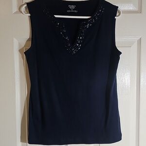 Dressbarn Women's Sleeveless V-Neck Top Beautiful beading Navy Size Large. EUC